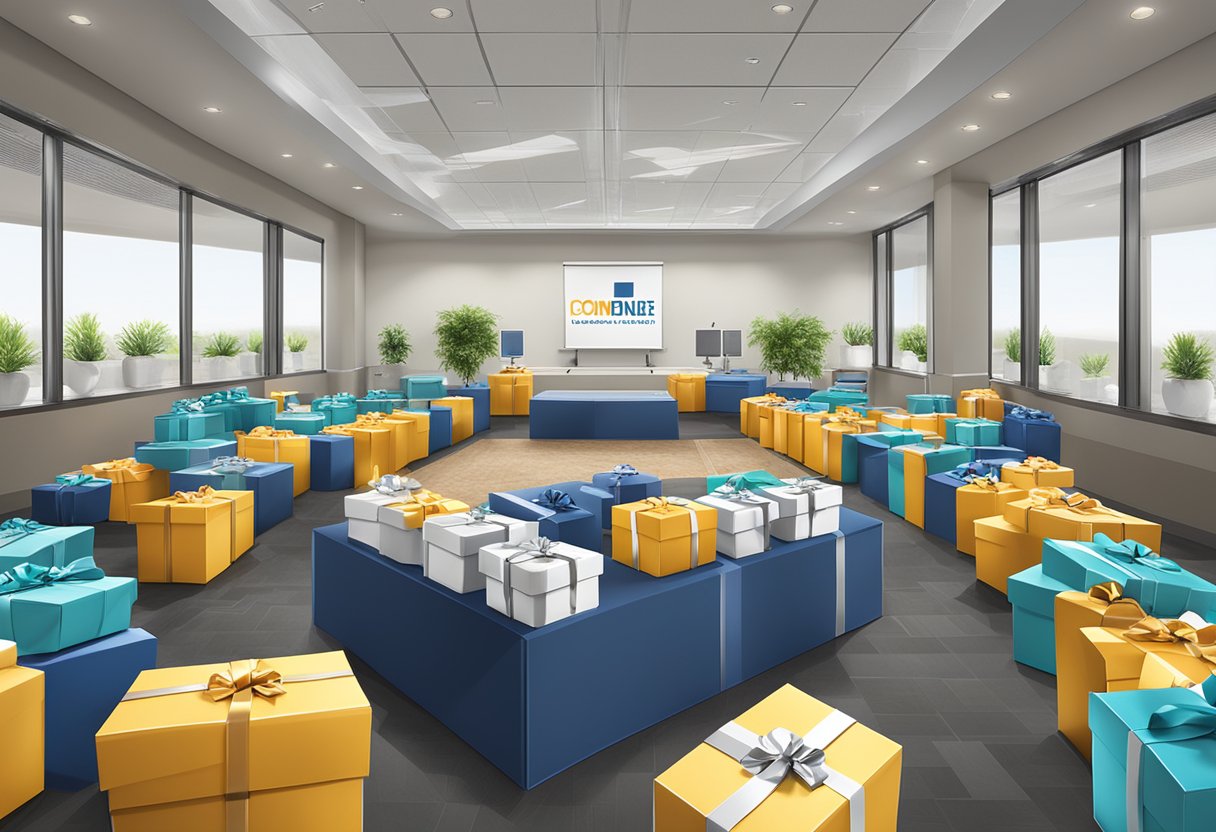 A conference room filled with branded gift baskets and boxes, with a company logo prominently displayed