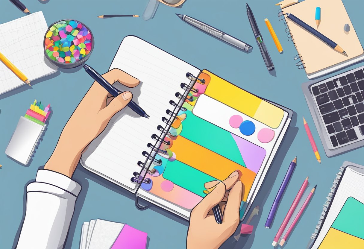 A hand holding a pen, customizing a blank notebook cover with colorful stickers and drawings