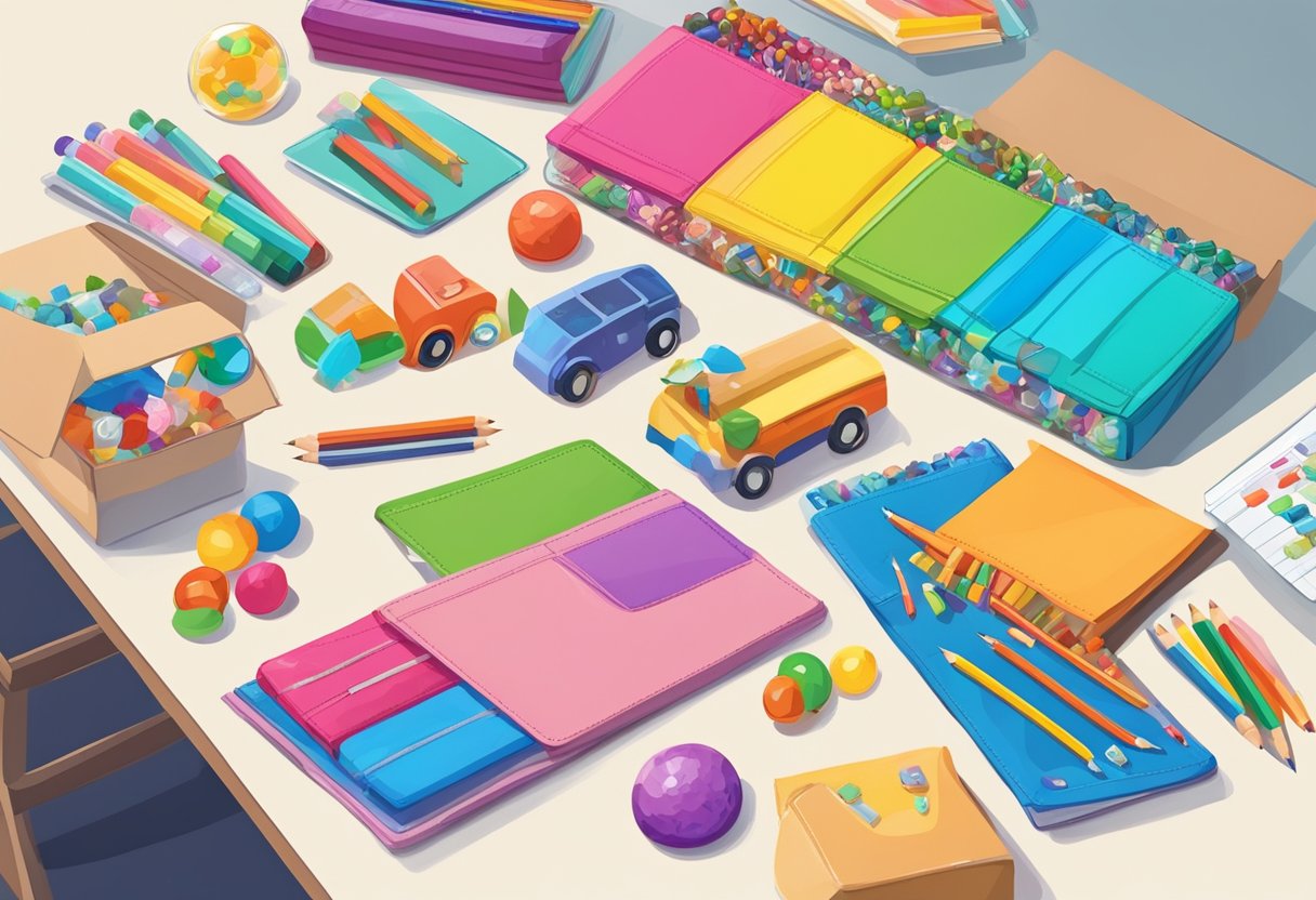 A table filled with colorful goodie bag items: pencils, erasers, stickers, and small toys. A sign reads "Frequently Asked Questions: What to put in goodie bags for students."