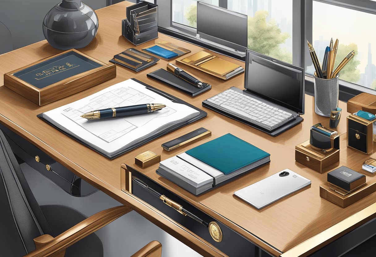 A CEO's desk with various corporate gift options displayed, including luxury pens, engraved plaques, and personalized desk accessories