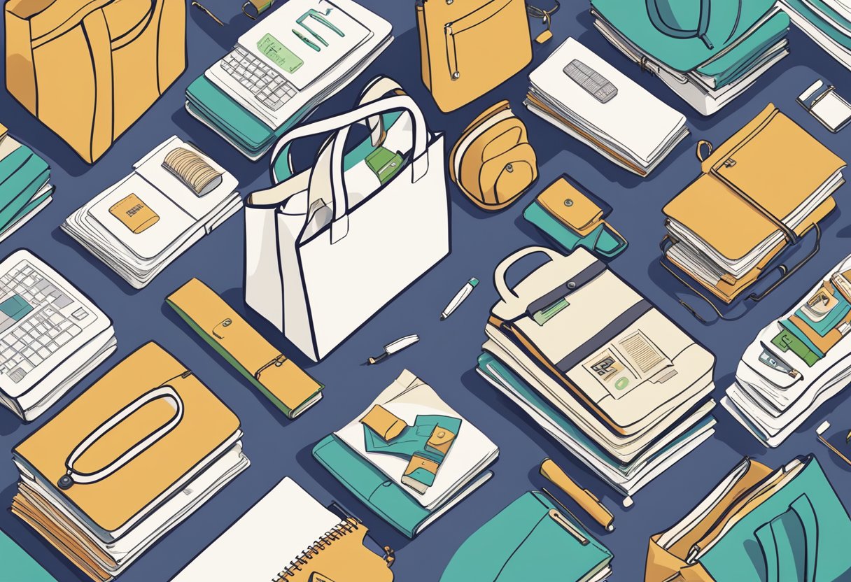 A stack of custom tote bags with "Frequently Asked Questions" printed on them, surrounded by various items like books, laptops, and shopping items