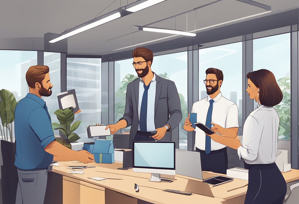 A group of professionals exchanging branded merchandise in a modern office setting