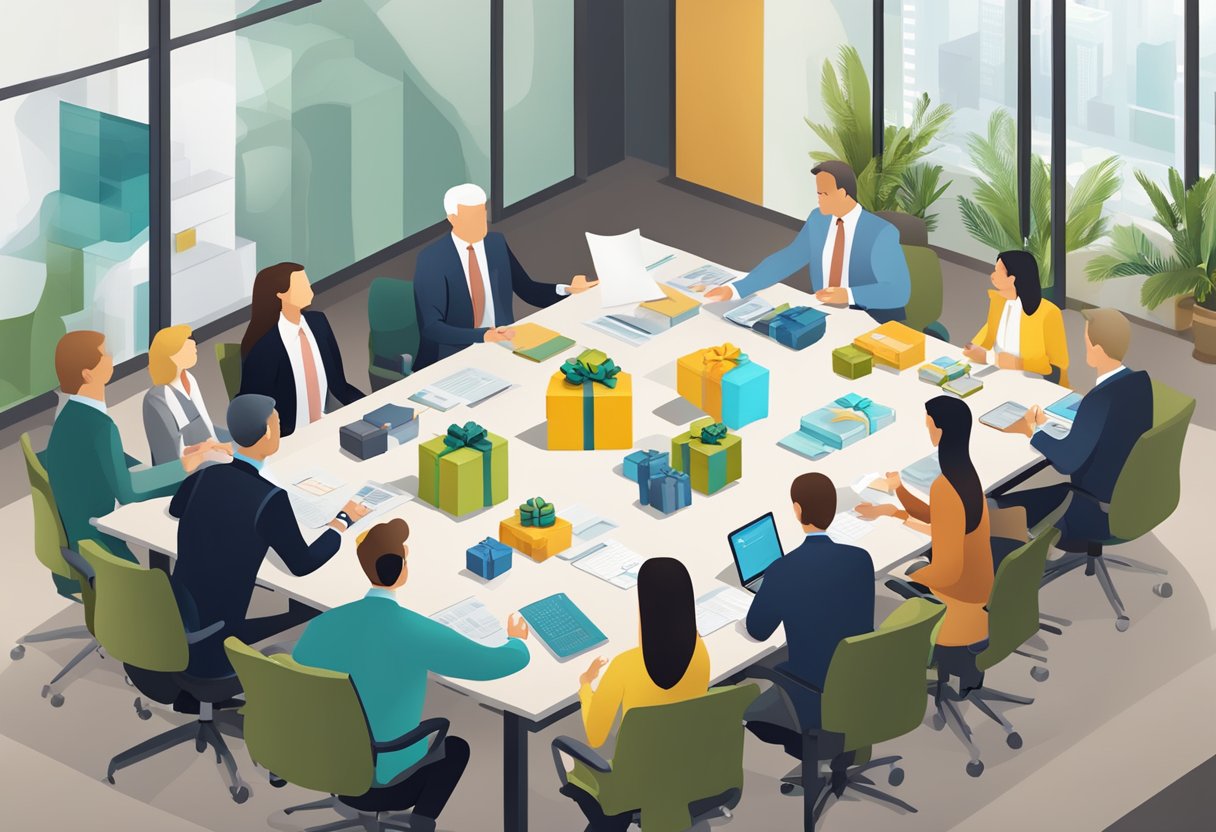 A conference room table with various gift options displayed, surrounded by executives discussing a corporate gifting strategy