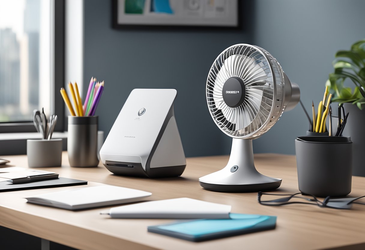 A sleek, modern desk fan with a logo-printed base sits on a polished office desk surrounded by branded stationery and tech accessories