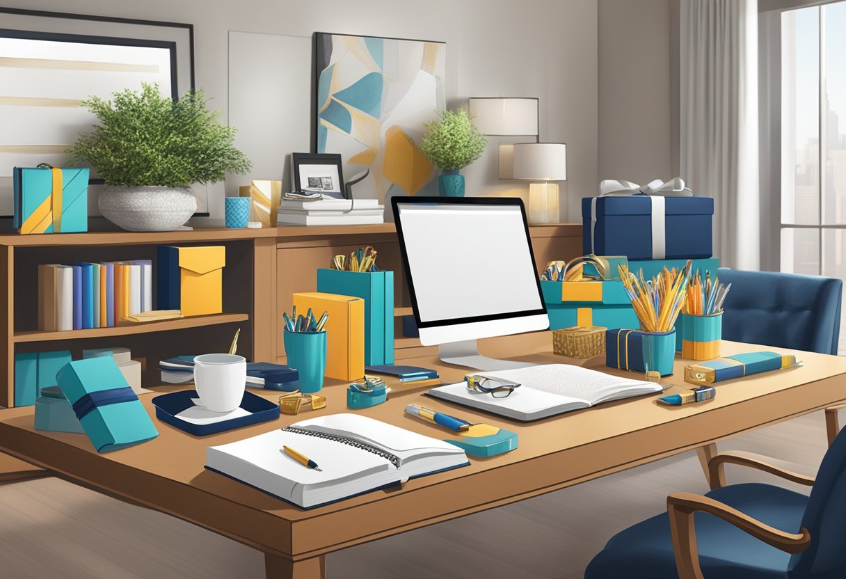 A table adorned with branded gifts, such as luxury pens, custom notebooks, and elegant gift baskets, displayed in a professional office setting