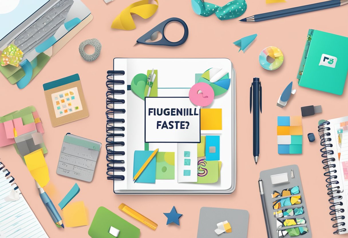 A notebook with "Frequently Asked Questions" text on the cover, surrounded by customizable elements like pens, stickers, and washi tape