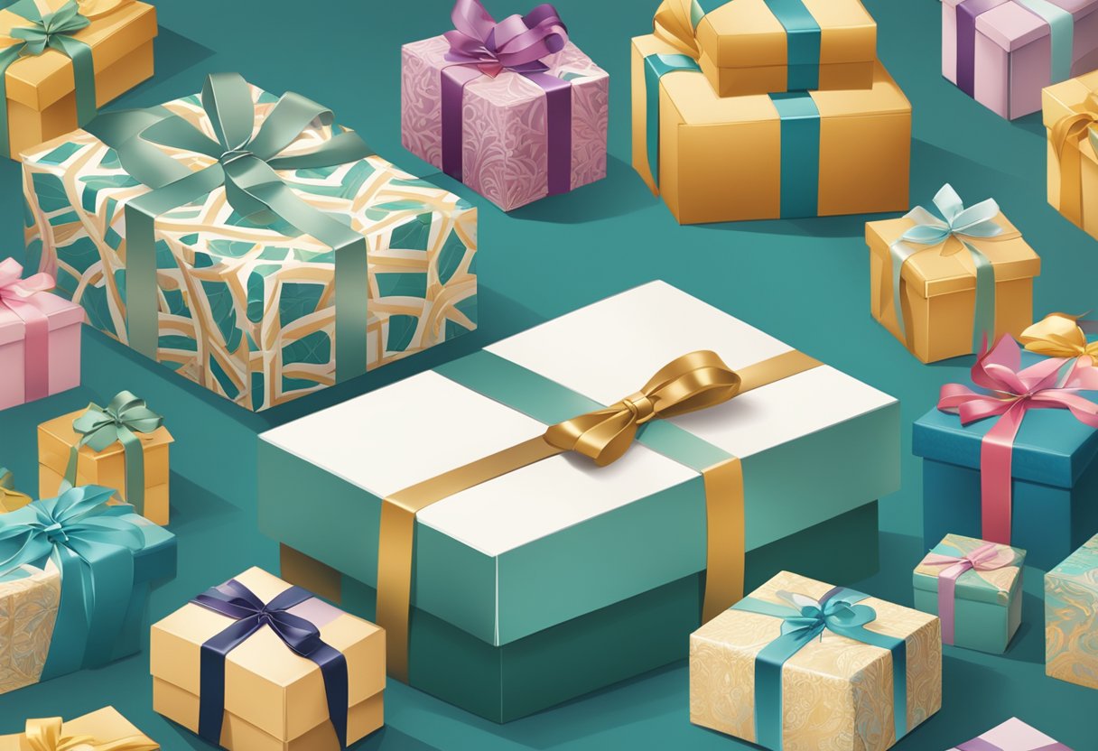 A table adorned with branded gift boxes, elegant ribbons, and luxurious wrapping paper. A corporate logo prominently displayed on each gift. Smiling recipients exchanging business cards and expressing gratitude