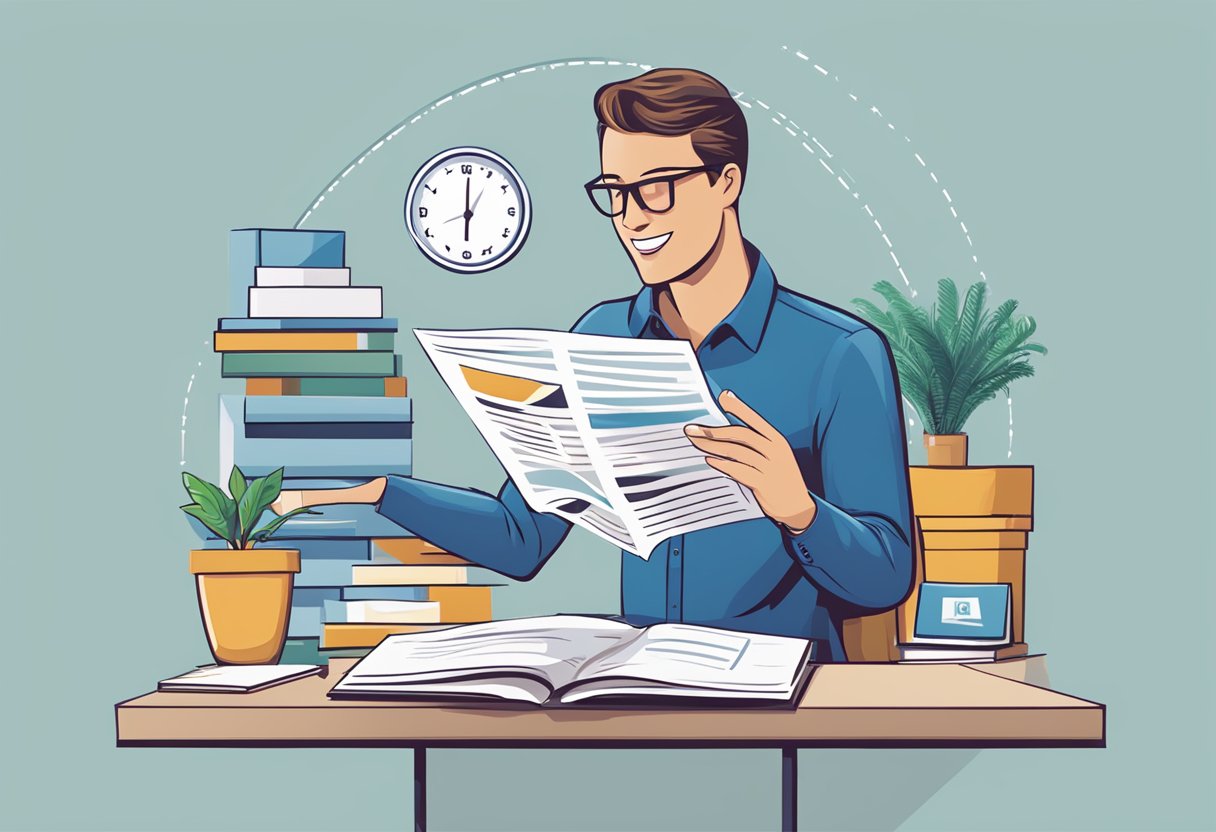 A corporate gift fan browsing through a list of frequently asked questions, with a stack of gift options and a company logo in the background