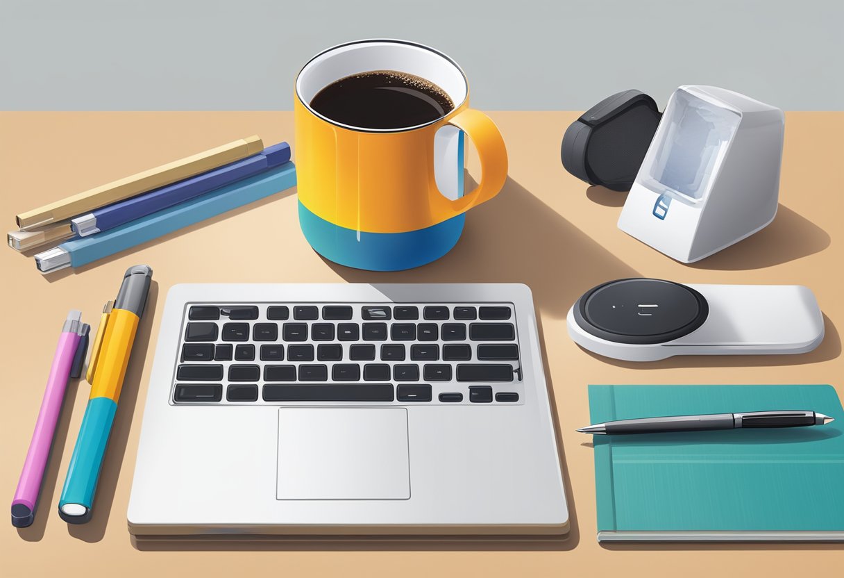 A mug with anti-fall technology sits on a desk, surrounded by corporate gift items like notebooks, pens, and a branded USB drive