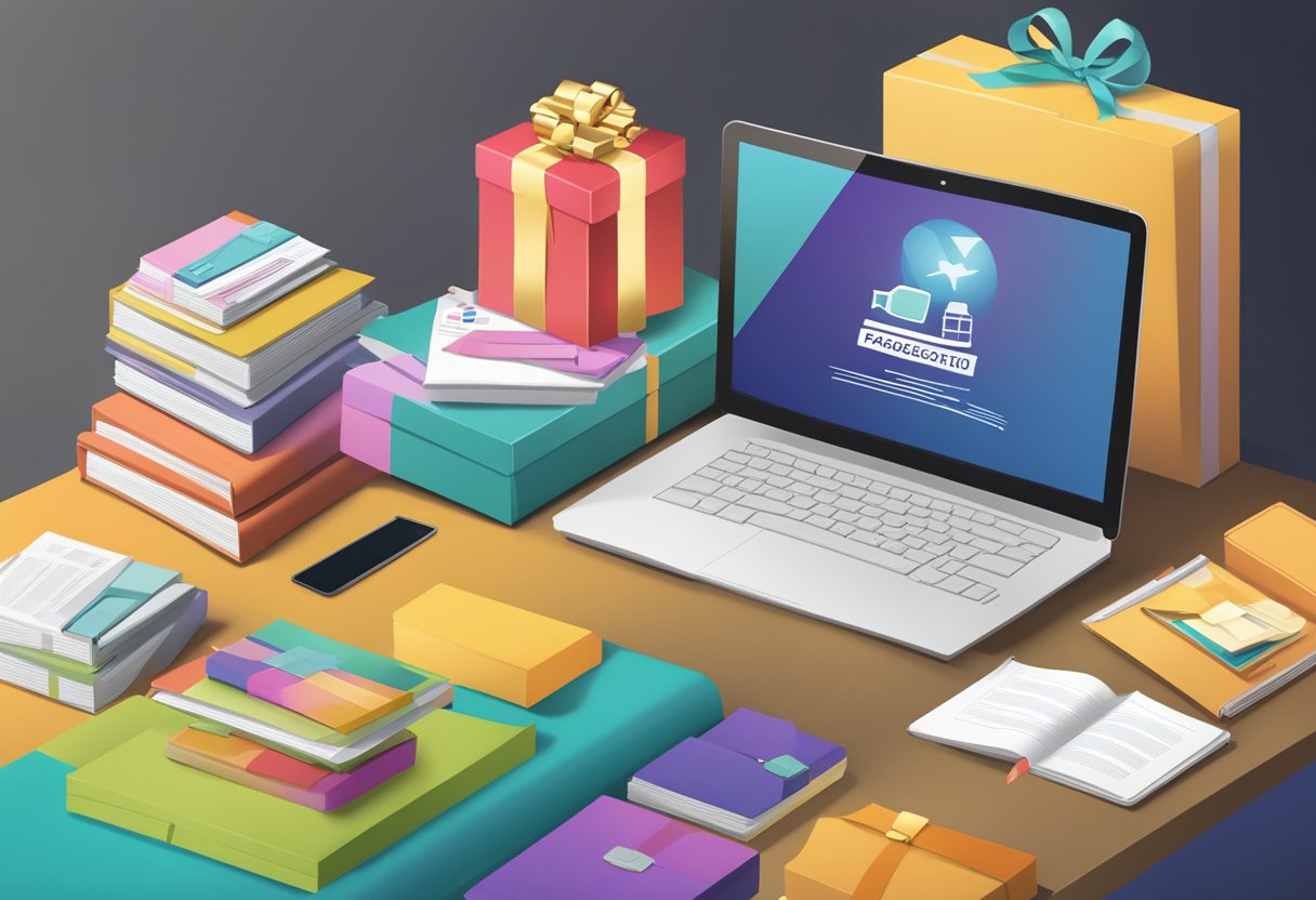 A table filled with assorted gift items, a stack of FAQ brochures, and a computer displaying the corporate gifting website