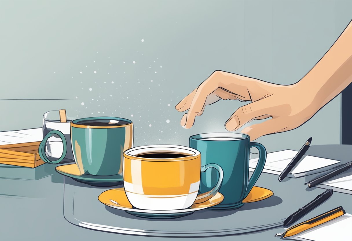 A hand reaches for a sleek anti-fall mug among various corporate gift ideas on a table