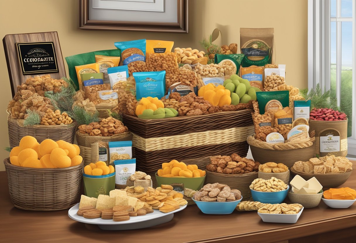 A table displays a variety of corporate gift food baskets, filled with gourmet snacks and treats. Ribbons and decorative packaging add a festive touch