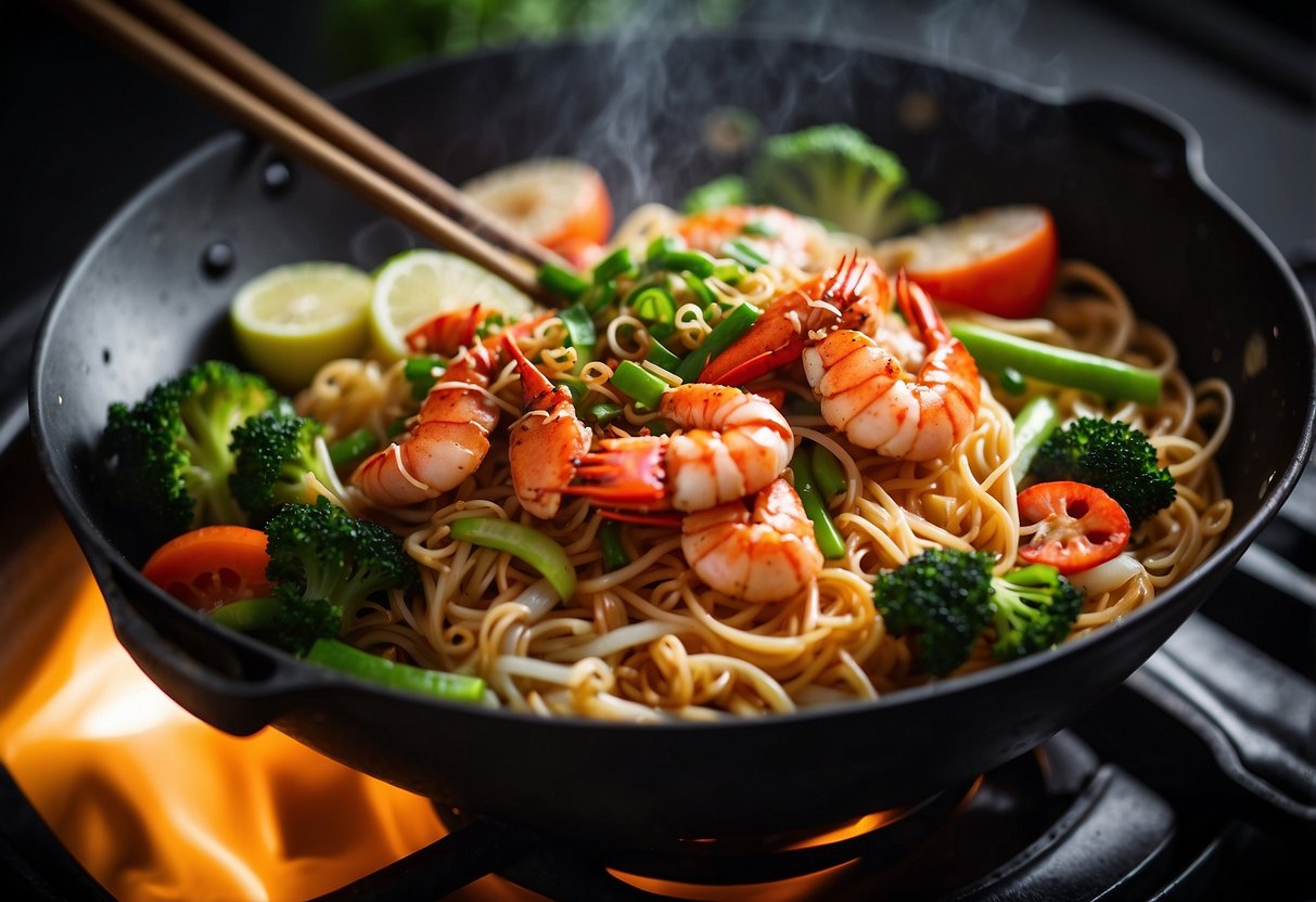 A sizzling wok stir-frying lobster, yee mein noodles, and vibrant vegetables in a fragrant garlic and ginger sauce