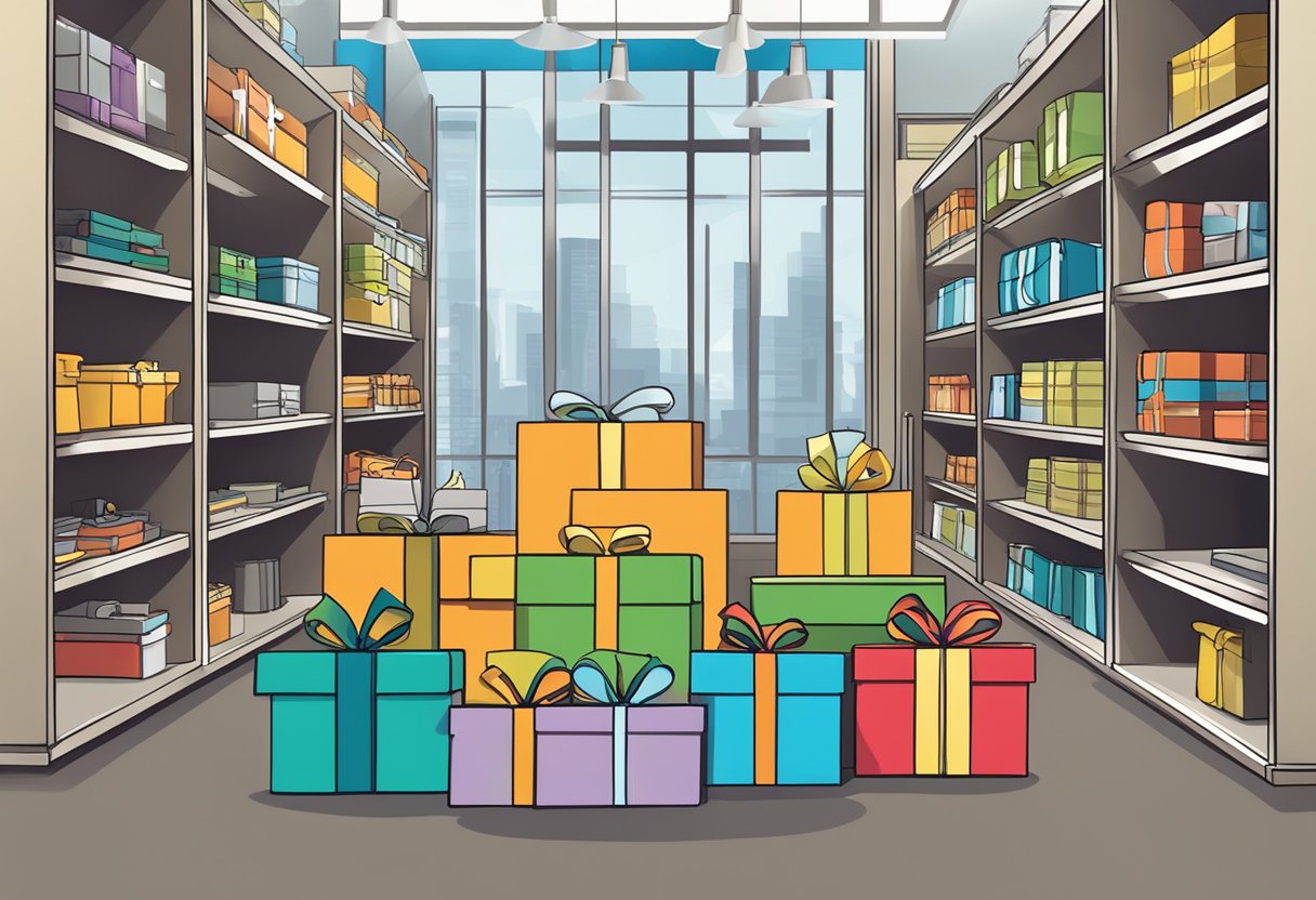 A group of corporate gifts displayed on shelves with a banner reading "Corporate Gifts Association" above them