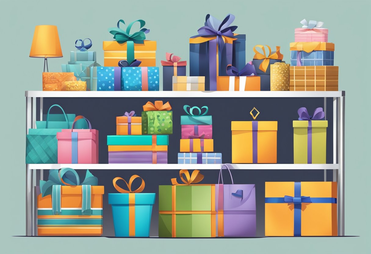 A table with various gift items, such as branded merchandise, gift baskets, and personalized items, displayed in an organized and appealing manner