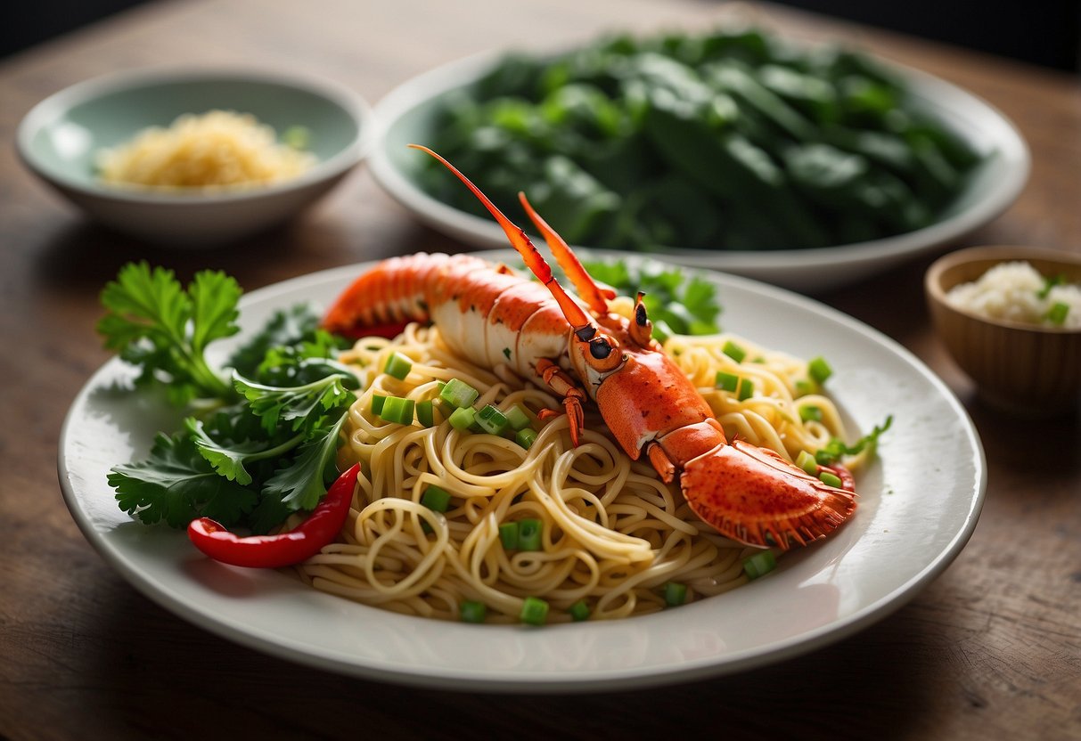 A lobster sits on a bed of golden yee mein noodles, surrounded by vibrant green bok choy and garnished with fresh cilantro and sliced red chilies