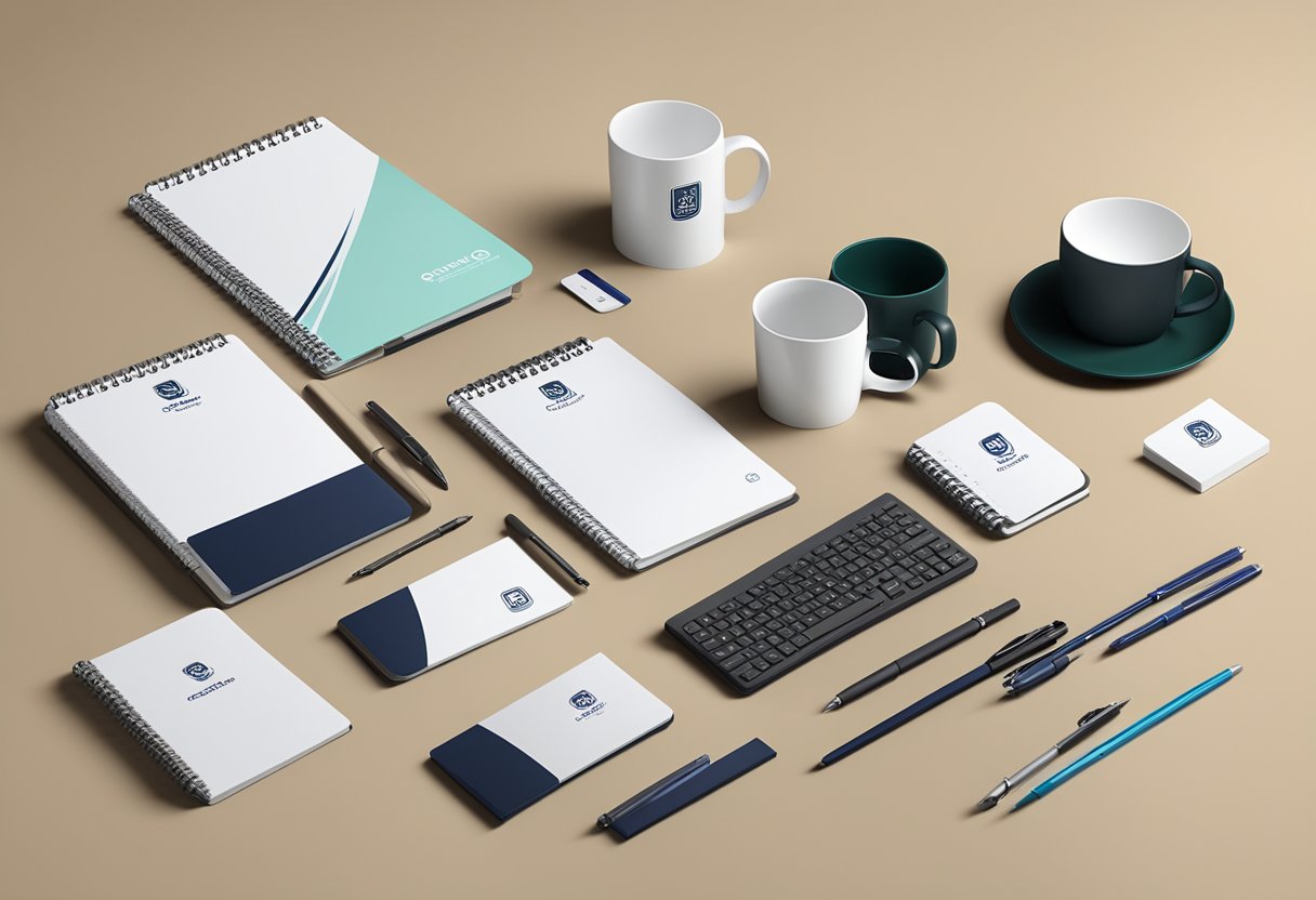 A group of customised corporate gifts arranged neatly on a table, including branded pens, notebooks, and mugs. The company logo is prominently displayed on each item