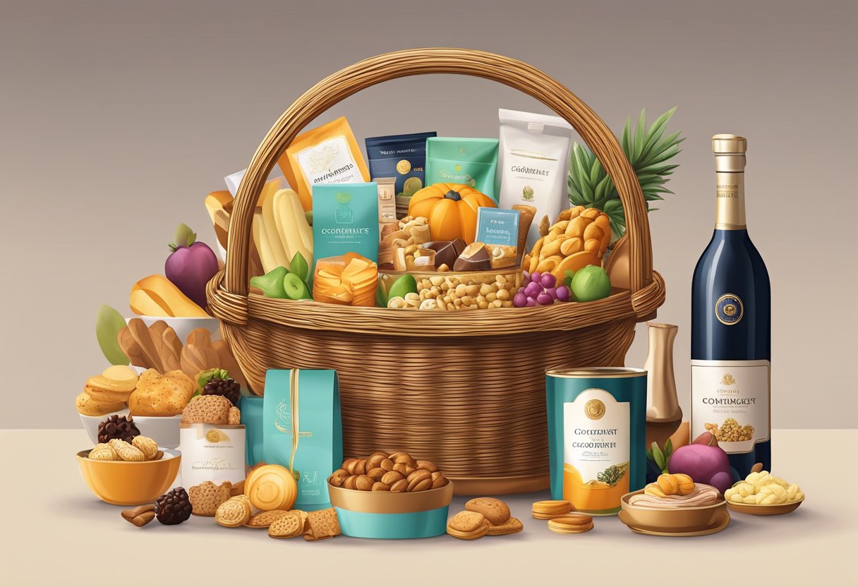 A hand reaches for a beautifully arranged corporate gift food basket, filled with gourmet treats and luxurious items, displayed on a sleek table