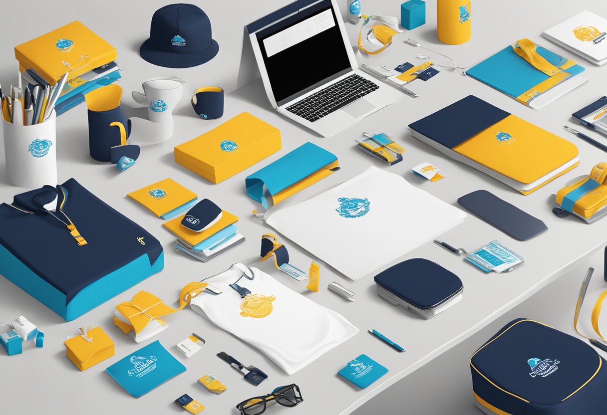 A table adorned with branded corporate gifts, surrounded by logoed merchandise and promotional materials