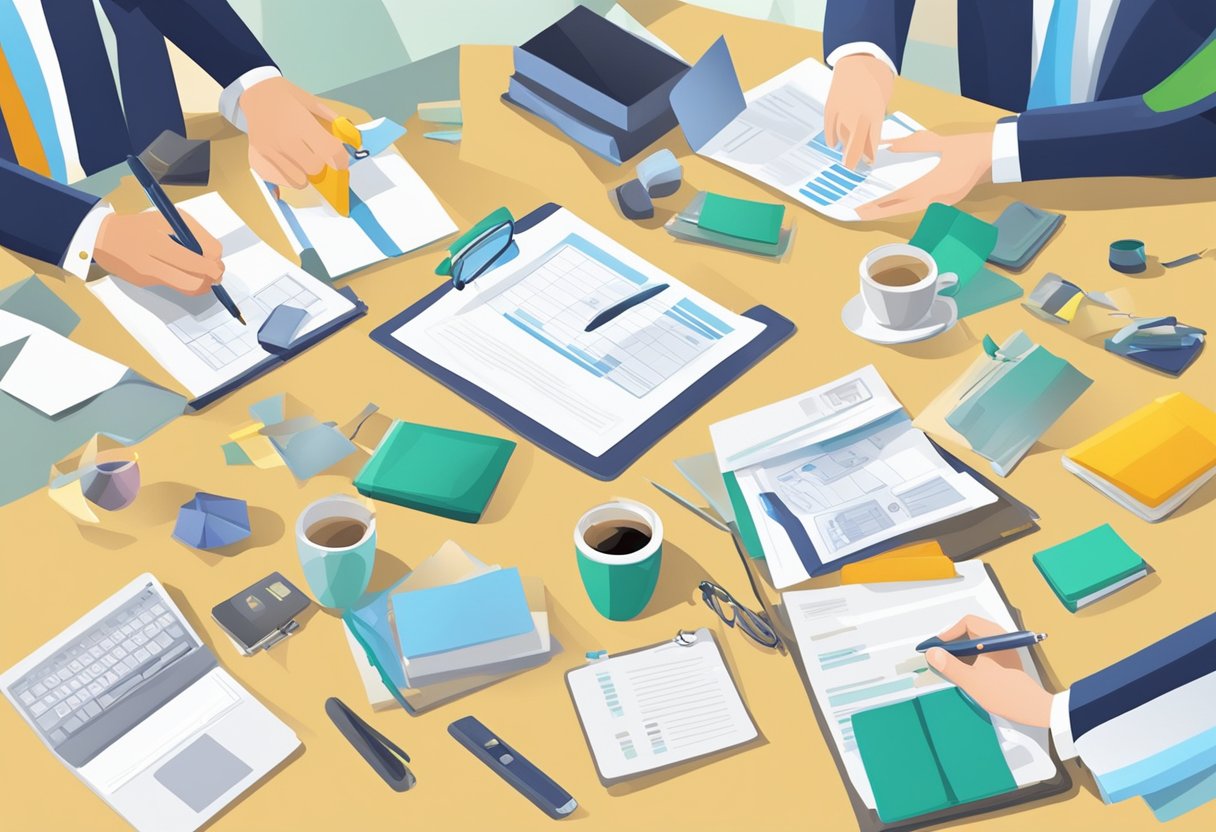A table with various corporate gifts, a survey form, and a group of people discussing and evaluating the gifts