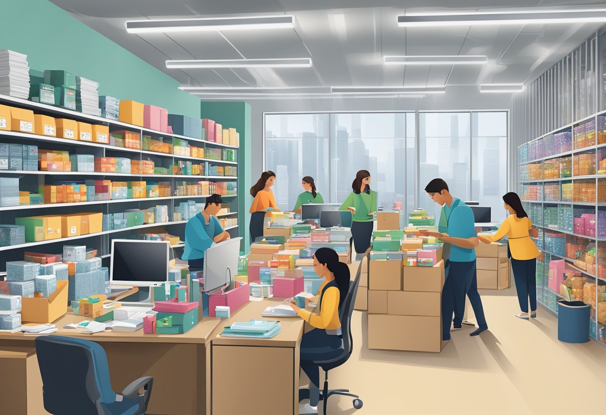 A bustling office with employees packaging and labeling custom corporate gifts for clients. Shelves stocked with branded merchandise and a logo prominently displayed