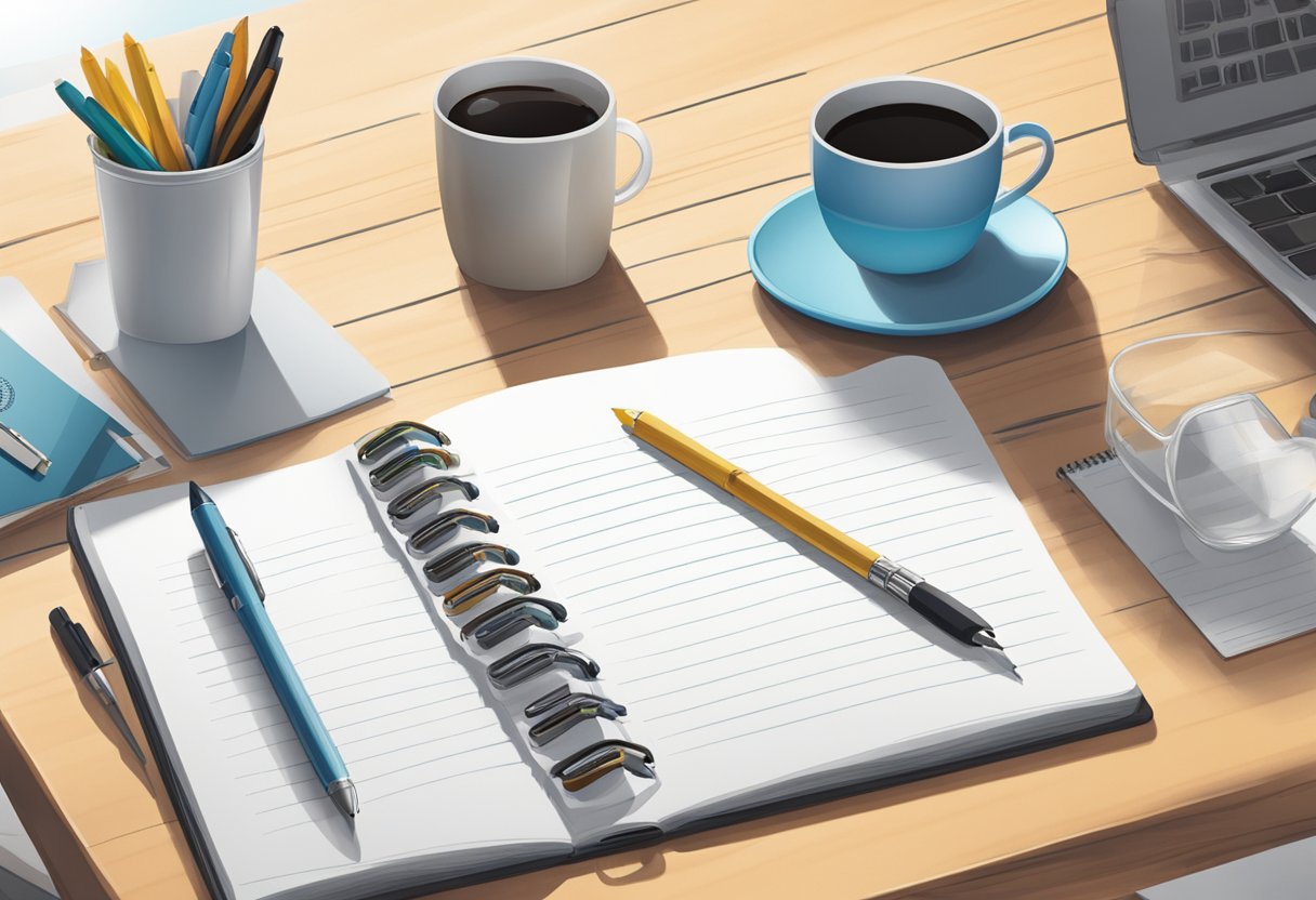 A table with branded pens, notebooks, and mugs arranged in a professional setting