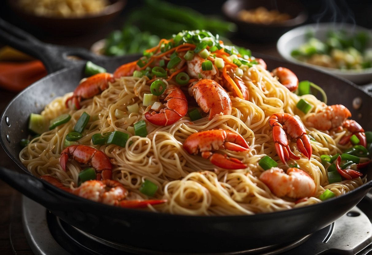 Lobster yee mein sizzling in a wok, surrounded by sizzling garlic, ginger, and scallions. A chef's hand tosses the noodles, coating them in a savory sauce