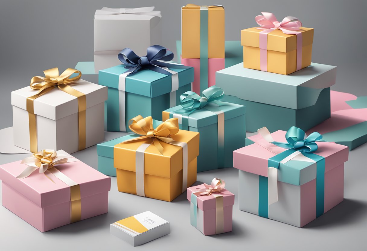 A table adorned with branded gift boxes, elegant packaging, and personalized notes for corporate clients