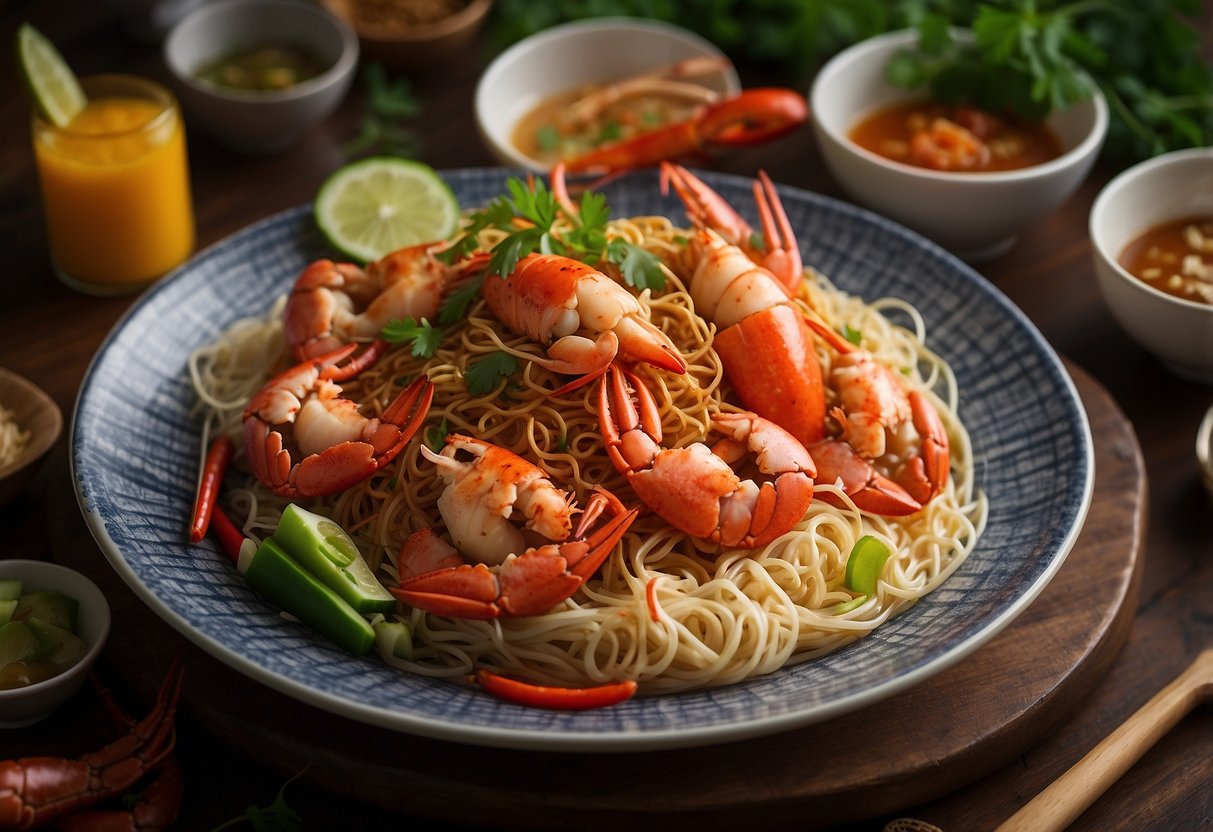 A steaming plate of lobster yee mein surrounded by condiments and utensils