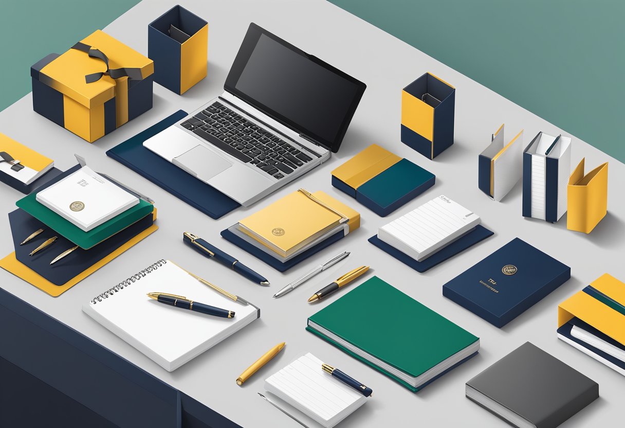A desk with a neatly arranged array of branded corporate gifts, including elegant pens, notebooks, and luxury gift boxes