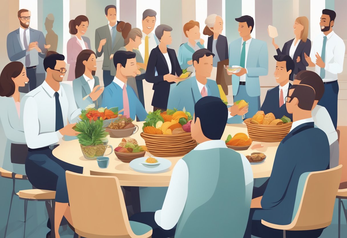 A table adorned with elegant corporate gift food baskets, surrounded by smiling business professionals exchanging handshakes and engaging in lively conversation