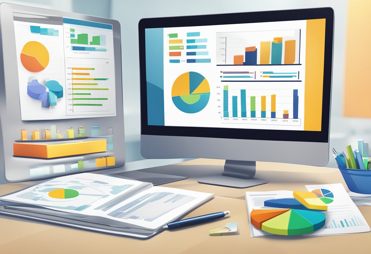 A table with various corporate gifts, a laptop showing survey results, and a chart displaying market analysis
