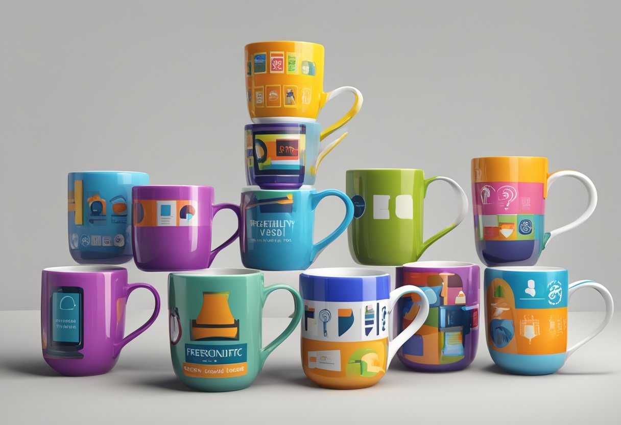 A stack of colorful mugs with "Frequently Asked Questions" and "Anti Fall" logos, surrounded by corporate gift items