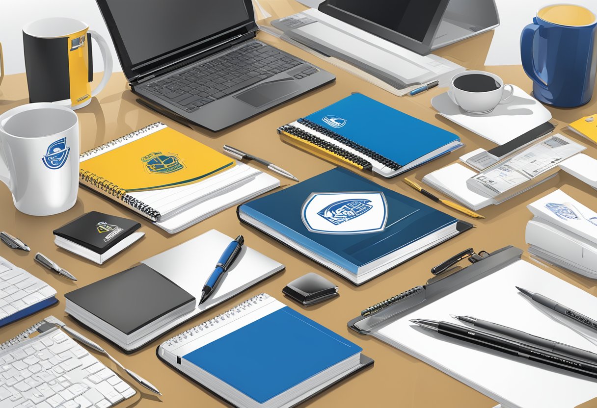 A table displays various customised corporate gifts, including branded pens, notebooks, and mugs. Company logos are prominently featured on each item