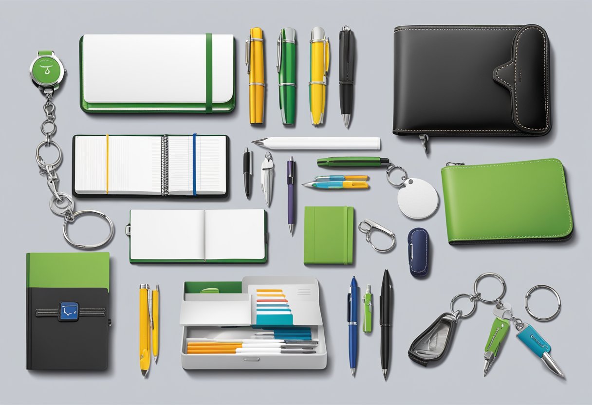 A table displays various corporate gifts under $3, including pens, notebooks, and keychains. A company logo is prominently featured on each item