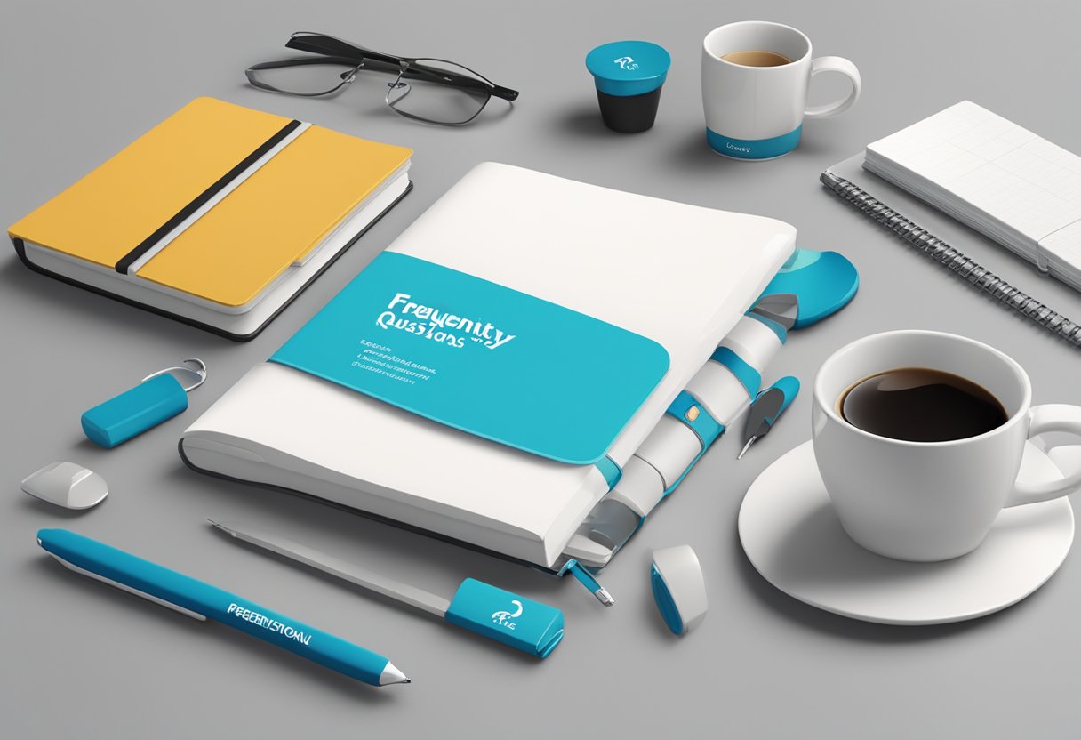 A table with branded corporate gifts, such as mugs and notebooks, displayed neatly. A sign with "Frequently Asked Questions" is visible