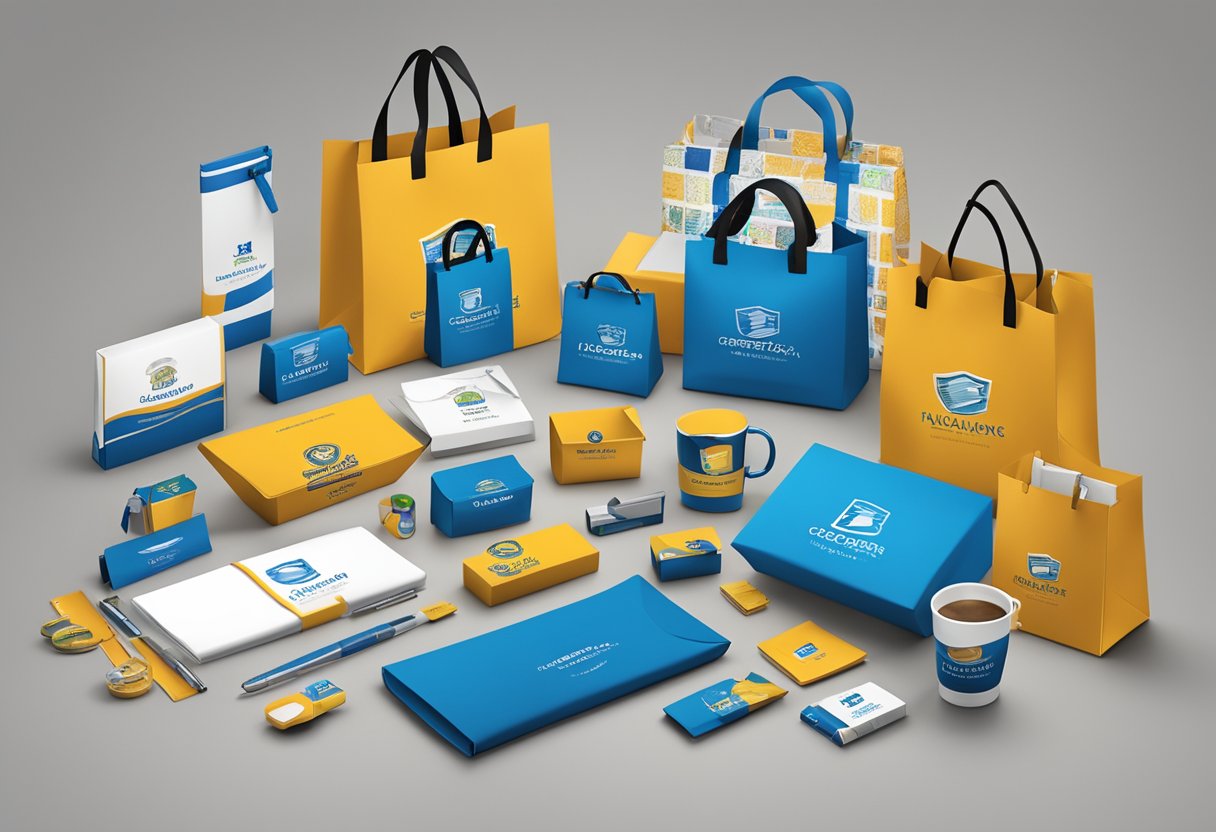 A table displays various corporate gifts, each customized with company logos and names. Boxes, bags, and stationary items are neatly arranged