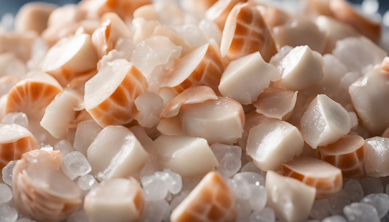 A pile of lump crab meat sits on a bed of ice, glistening in the light. The delicate white and pink flesh is arranged in a loose mound, ready to be transformed into a delicious dish