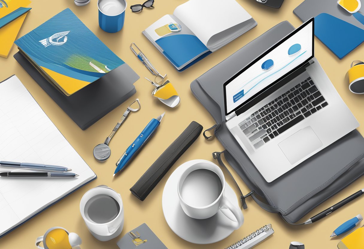 A table displays 20 branded corporate gifts, including mugs, notebooks, and pens. A company logo is prominently featured on each item