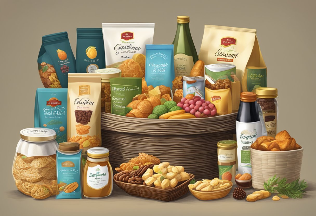 A table filled with assorted gourmet food items, neatly arranged in decorative baskets with "Frequently Asked Questions corporate gift food baskets" signage