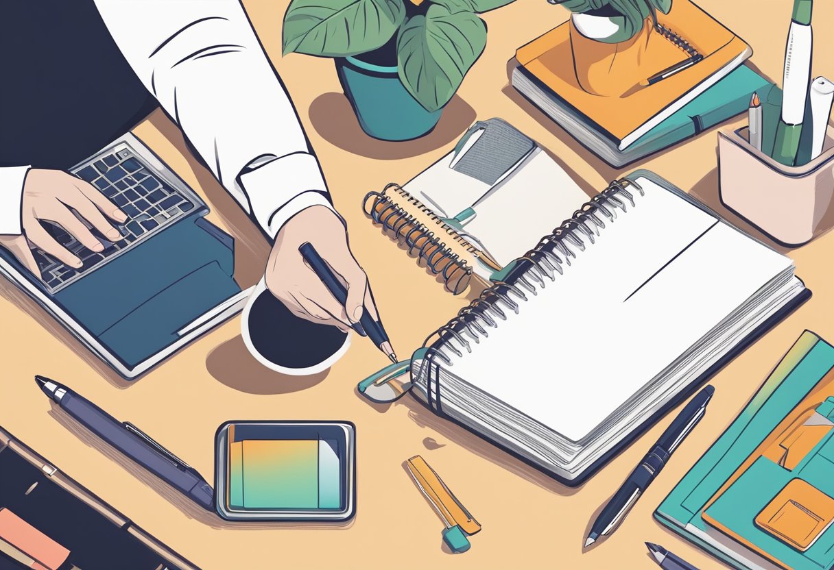 A hand reaches for a sleek pen and elegant notebook on a desk, surrounded by various affordable corporate gifts under $3