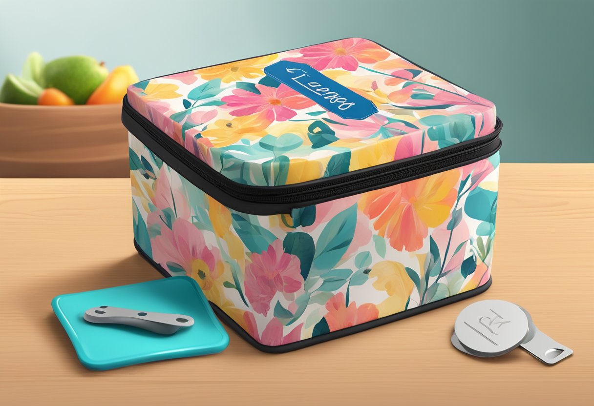 A customised lunch box sits on a wooden table with a vibrant pattern and personalized name tag