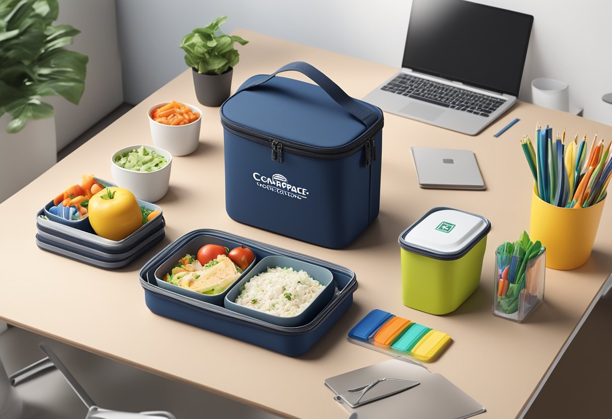 A collapsible lunch box with a corporate logo sits on a desk surrounded by office supplies and a laptop