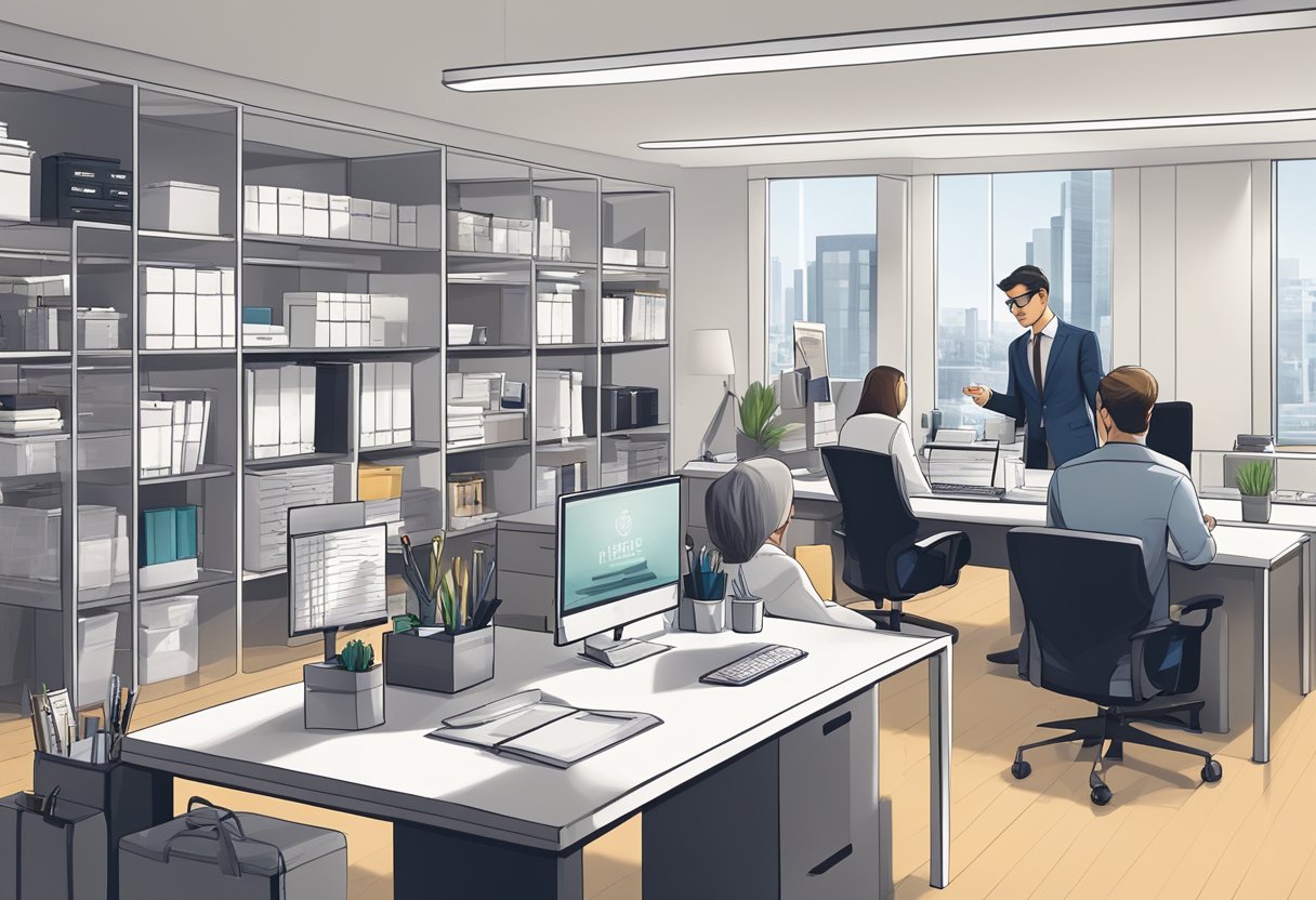 A sleek, modern office setting with branded corporate gifts displayed on shelves and a professional-looking team discussing strategies