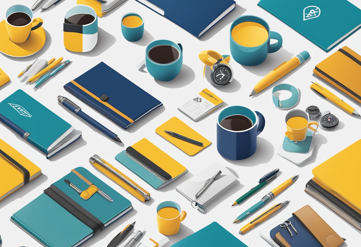 A table displays a variety of customised corporate gifts, including branded pens, notebooks, and mugs. A company logo is prominently featured on each item