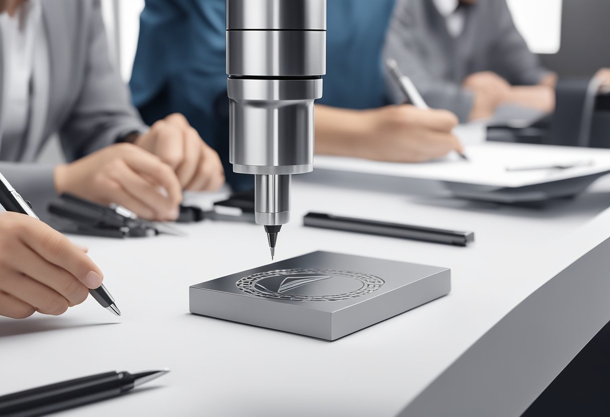 A company logo is being engraved on a sleek metal pen by a laser machine, while a team of workers carefully packs customized gift boxes in a modern, bright office setting