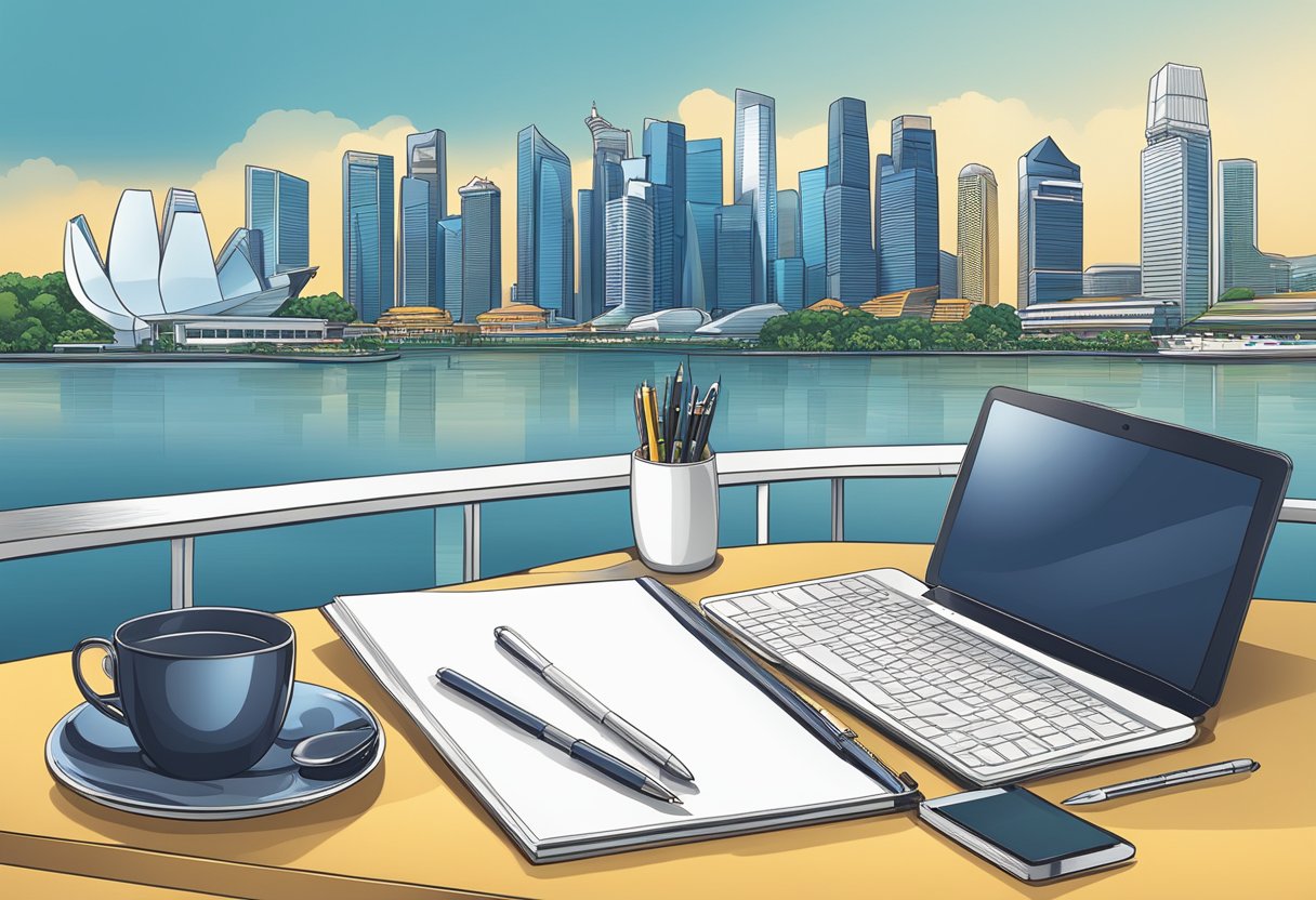 A table displaying various corporate gifts, including pens, notebooks, and electronic gadgets, with the iconic skyline of Singapore in the background