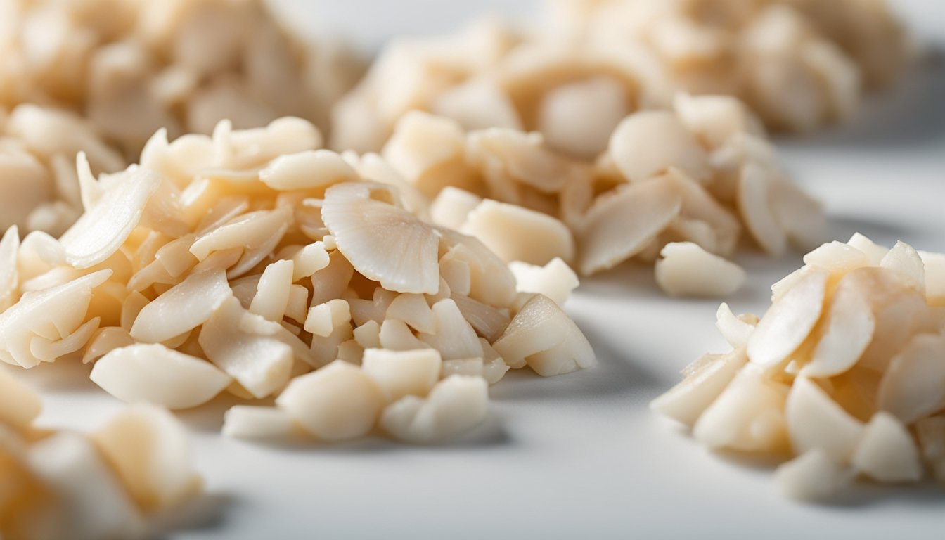 A mound of lump crab meat in various sizes and grades, arranged on a clean, white surface with a few scattered crab shells