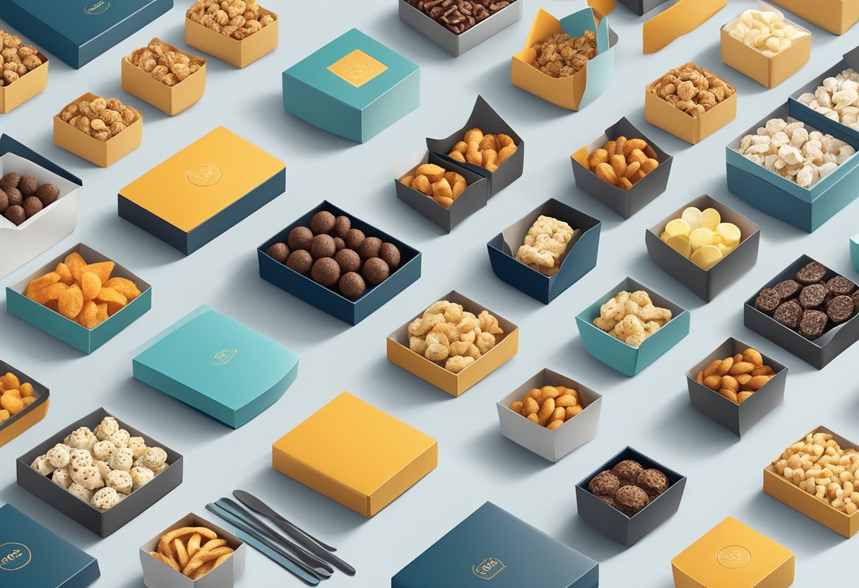 A variety of corporate gift snacks arranged neatly on a sleek, modern table with branded packaging and elegant presentation
