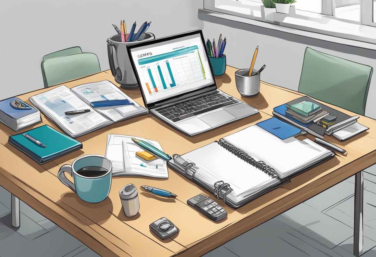 A table with various small items such as pens, notebooks, keychains, and mugs. A sign displaying "Corporate Gifts Below £3" is prominently displayed